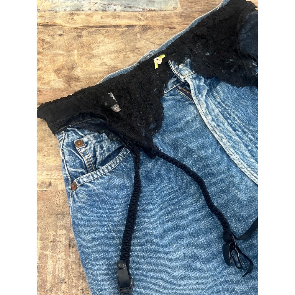 Vintage Garter Belt Black Lace Pink Coquette Pink Rosette